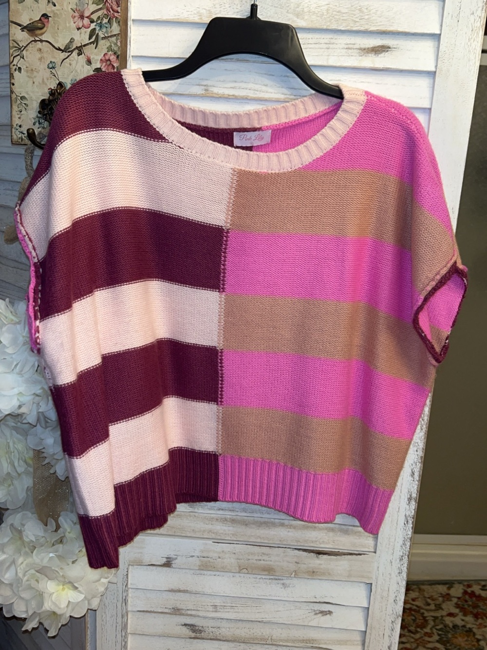 Pink Lily Colorblock Knit Sweater in Pink, Magenta & Taupe